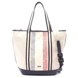 Dior Oblique Voyage 2WAY Canvas Leather Tote Bag White
