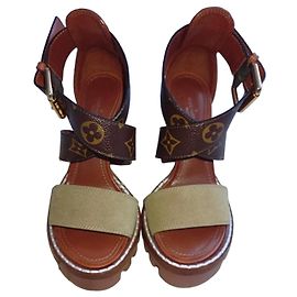Louis Vuitton Monogram Suede Platform Sandals Brown Beige