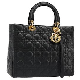 Borsa Christian Dior Lady Dior Canage in pelle di agnello 2 modi Nero Oro Auth 187084SAM Nero D'oro