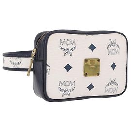 MCM Vicetos Logogramm Gürteltasche PVC Leder Weiß Gold Auth 186851 Weiß Golden