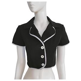 Byblos Camicia Crop Nera con Bordi Bianchi a Contrasto Nero Bianco