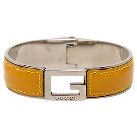 Gucci logo bangle, silver, yellow patent leather, metal, men's. Yellow