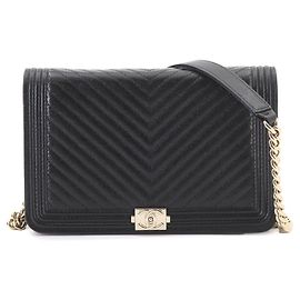 Chanel Boy Chain Wallet, Long Caviar Leather, Black, , Gold Hardware. Black