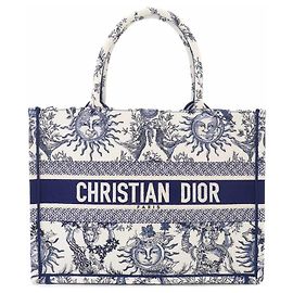 Christian Dior Book Tote Medium Handbag, Canvas, White & Blue Blue