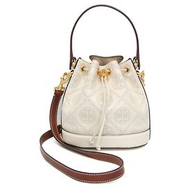 Borsa a secchiello Tory Burch T Monogram traforata, borsa a mano in pelle da donna, borsa a tracolla Marrone, bianco Marrone
