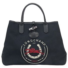 Longchamp Roseau Canvas Leather Handbag, Navy, Damen Marineblau