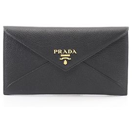 Prada VITELLO GRAIN Envelope fold Long Wallet, Leather, Women's, Black, Black