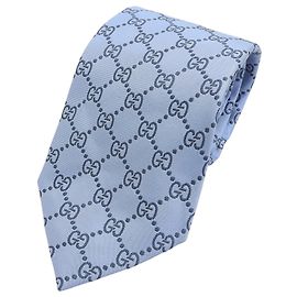GUCCI % Silk GG Pattern Tie, Light Blue/Navy, Made in Italy, Authentic, Men's Blue