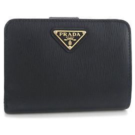 PRADA fold Wallet Triangle Leather Vitello Move Women's Black Black