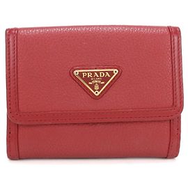 PRADA fold Wallet Triangle Leather Vitello Phoenix Women's Red Red