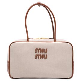 Bolsa Beau de lona e couro bege com logotipo Miu Miu Large Bege