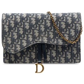 Dior Blue Oblique Canvas Saddle Pouch Wallet on Chain Blue Navy blue