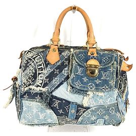 Borsa Boston Mini Louis Vuitton Monogram Denim Patchwork Speedy 30 Blu