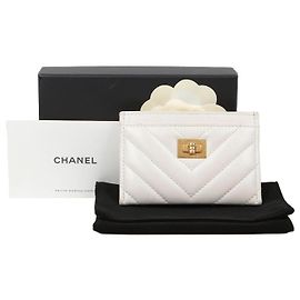 Chanel 2.55 Kartenetui Weiß Kalbsleder Gold Weiß