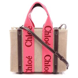 Chloé Bolsa Tote 2WAY Chloe Woody Small em lona e couro Marrom Bege