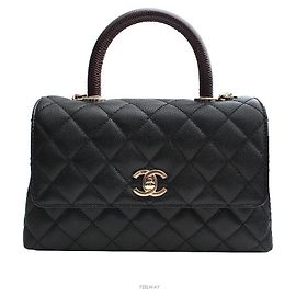 Chanel Coco Handle Medium Black Caviar Lizard Champagne Gold Interior Chip Noir