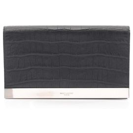 Yves Saint Laurent Embossed Leather Clutch Handbag Black