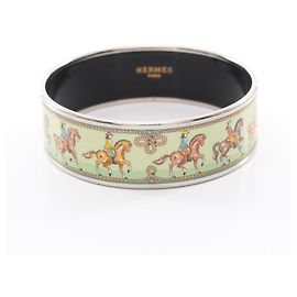 Hermès Pulsera Hermes Email GM Estampado de Caballo Plata Verde