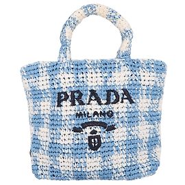Prada Crochet Small Raffia Tote Bag Weiß Blau