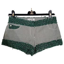 Short de tweed Chanel risca de giz com debrum verde Branco Verde