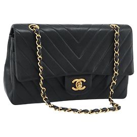 Borsa a Spalla CHANEL V stitch Chain in Pelle di Agnello Nera e Oro CC Auth 189090M Nero D'oro