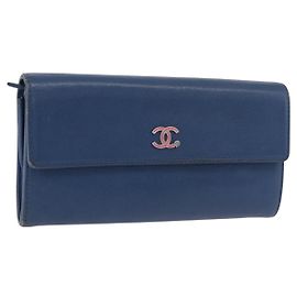 CHANEL Long Wallet Leather Blue Silver CC Auth 189356 Silvery Blue