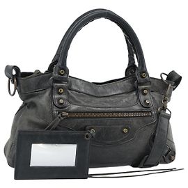 BALENCIAGA Bolsa The First de couro 2way Cinza 103208 Auth 185804A Marrom