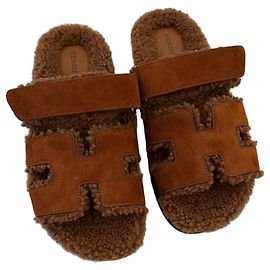 Hermès Chypre Suede and Shearling Sandals - Brown Brown