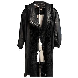 Gucci Casaco Longo em Couro Preto com Pele Preto