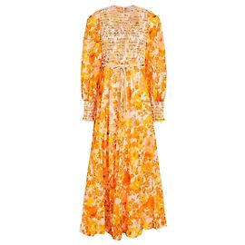 Zimmermann Langes Blumenkleid mit gerafftem Oberteil Weiß Orange Gelb