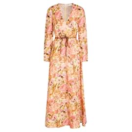 Vestido largo floral de seda con cinturón