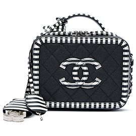 Chanel Vanity Case Black Small Caviar Striped CC Filigree Noir