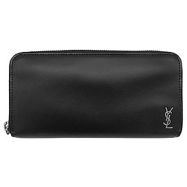 Saint Laurent Black Leather Tiny Cassandre Zip Around Long Wallet Black
