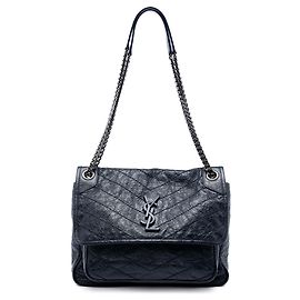 Saint Laurent Niki em couro de vitelo amassado azul, tamanho Medium Azul Azul marinho