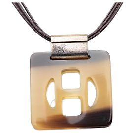 Hermès Brown Buffalo Horn Square Pendant Necklace Brown