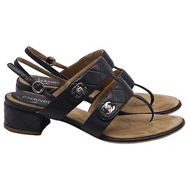Chanel Interlocking CC Logo Slingback Sandals in Black Lambskin Leather Black