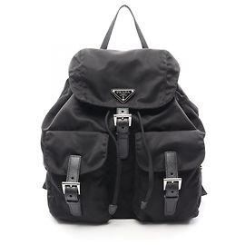 Prada Triangle Logo Backpack/Handbag, Nylon & Saffiano Leather, Women's, Black, Black