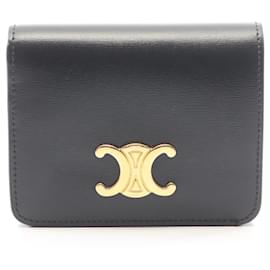 Céline Celine Triomphe Compact Wallet, fold Shiny Calfskin, Women's, Black () Black
