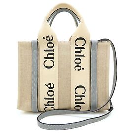 Bolsa Tote Chloé Chloe Woody Small em lin e couro de bezerro Bege Divine Grey para mulher Bege