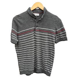 Brunello Cucinelli Grey Striped Wool Polo Shirt White Red Grey