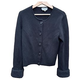 Max Mara Schwarzer Strickcardigan mit Pelzbesatz an den Ärmelbündchen Schwarz