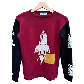 Prada Wollstrickpullover mit Raketenmotiv Schwarz Weiß Rot Gelb