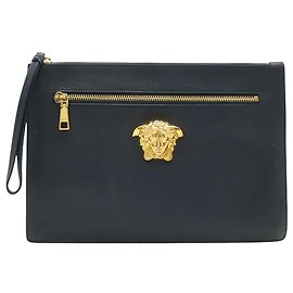 Versace Black Large La Medusa Palazzo Leather Clutch Black