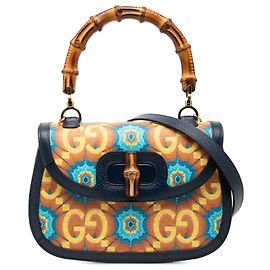 Borsa Gucci Blue 100th Anniversary Medium GG Coated Canvas Kaleidoscope 1947 Bamboo Top Handle Blu