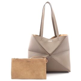 Sac cabas Loewe Puzzle Fold Medium en cuir Marron Beige