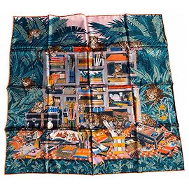 Hermès Carré seta Les 12 Léopards Marrone Rosa Blu Multicolore Verde Arancione