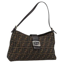 FENDI Zucca Canvas Mamma Baguette Shoulder Bag Black Brown Auth 188964V Brown Black