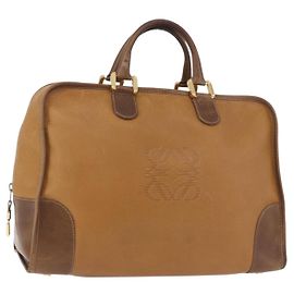 LOEWE Anagram Boston Bag Leather Brown Gold Auth bs35675 Brown Golden