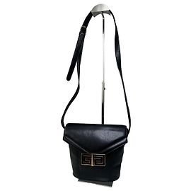 Vintage Givenchy Logo Embossed Leather Shoulder Bag Black Gold Black