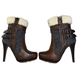 Autre Marque Vintage Etro Leather Wool Ankle Boots Brown Grey EU38 Brown